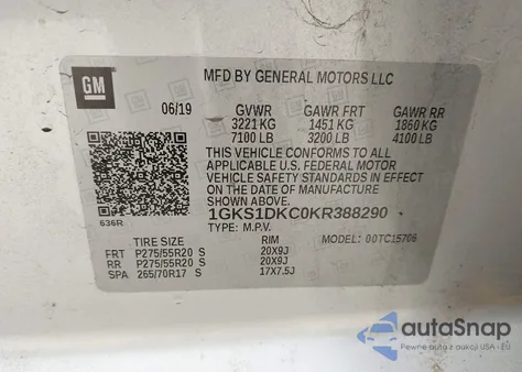 2019 GMC Yukon Slt Standard Edition z USA, uszkodzony, nr VIN 1GKS1DKC0KR388290